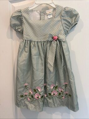 Sage Gingham Floral Embroidered Party Dress with Pink Rose Accent